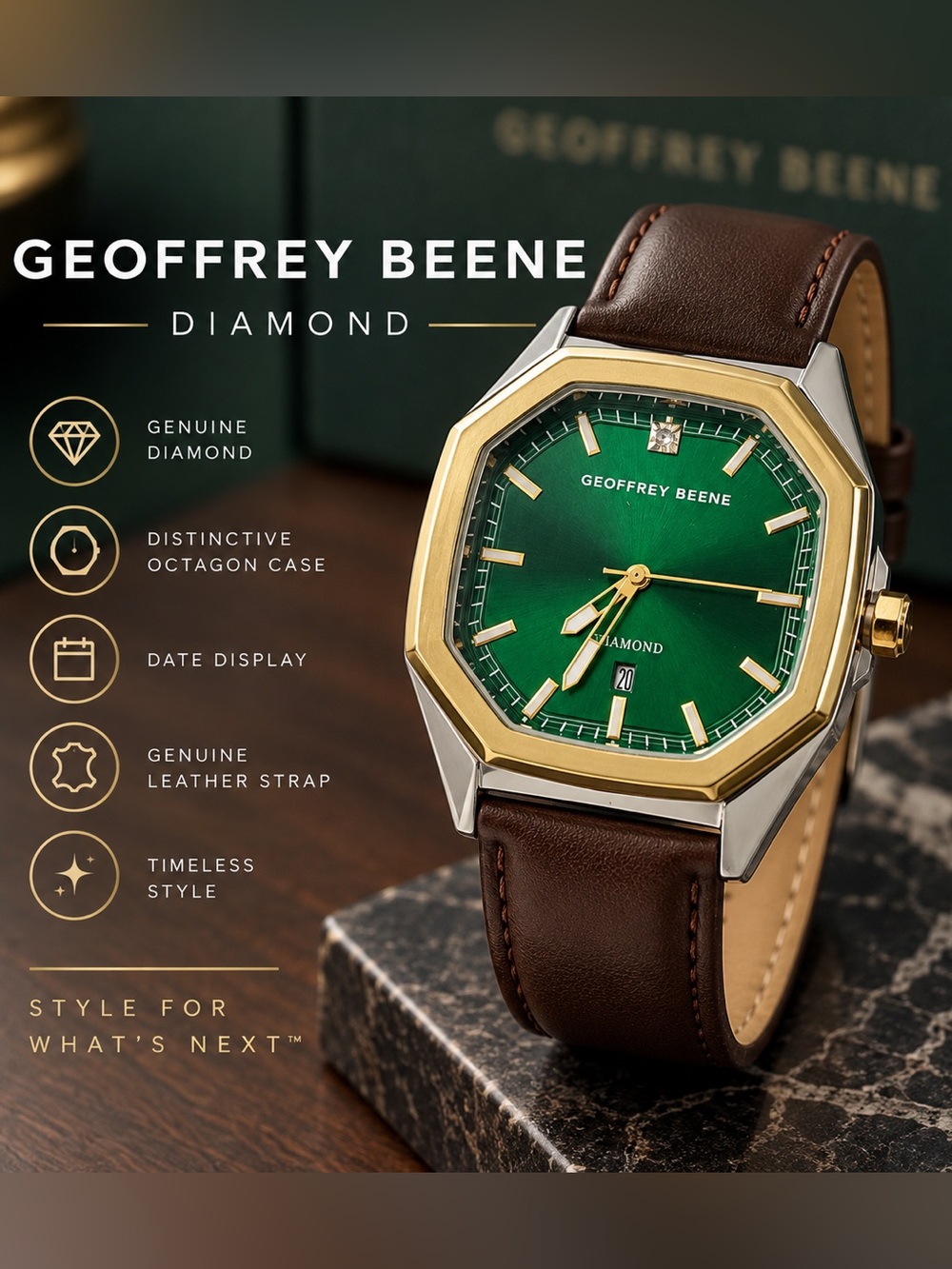 Geoffrey Beene Men’s Diamond Green Dial Two-Tone Watch Brown Leather Strap